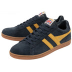 Pair of men's Gola low-top sneakers in navy and gold. Its soles are rubber.