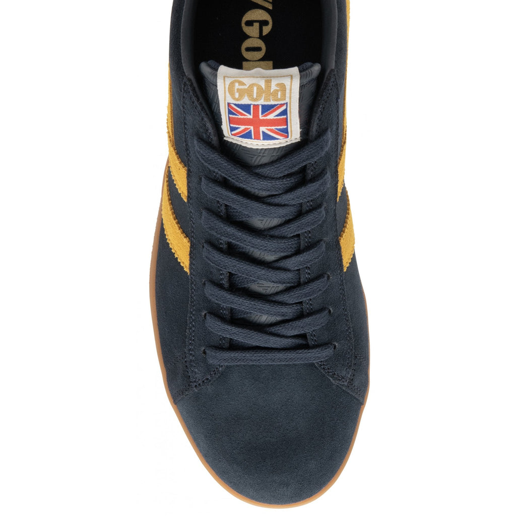 Top view of a Gola men's low-top sneaker in navy and gold. Its sole is rubber.