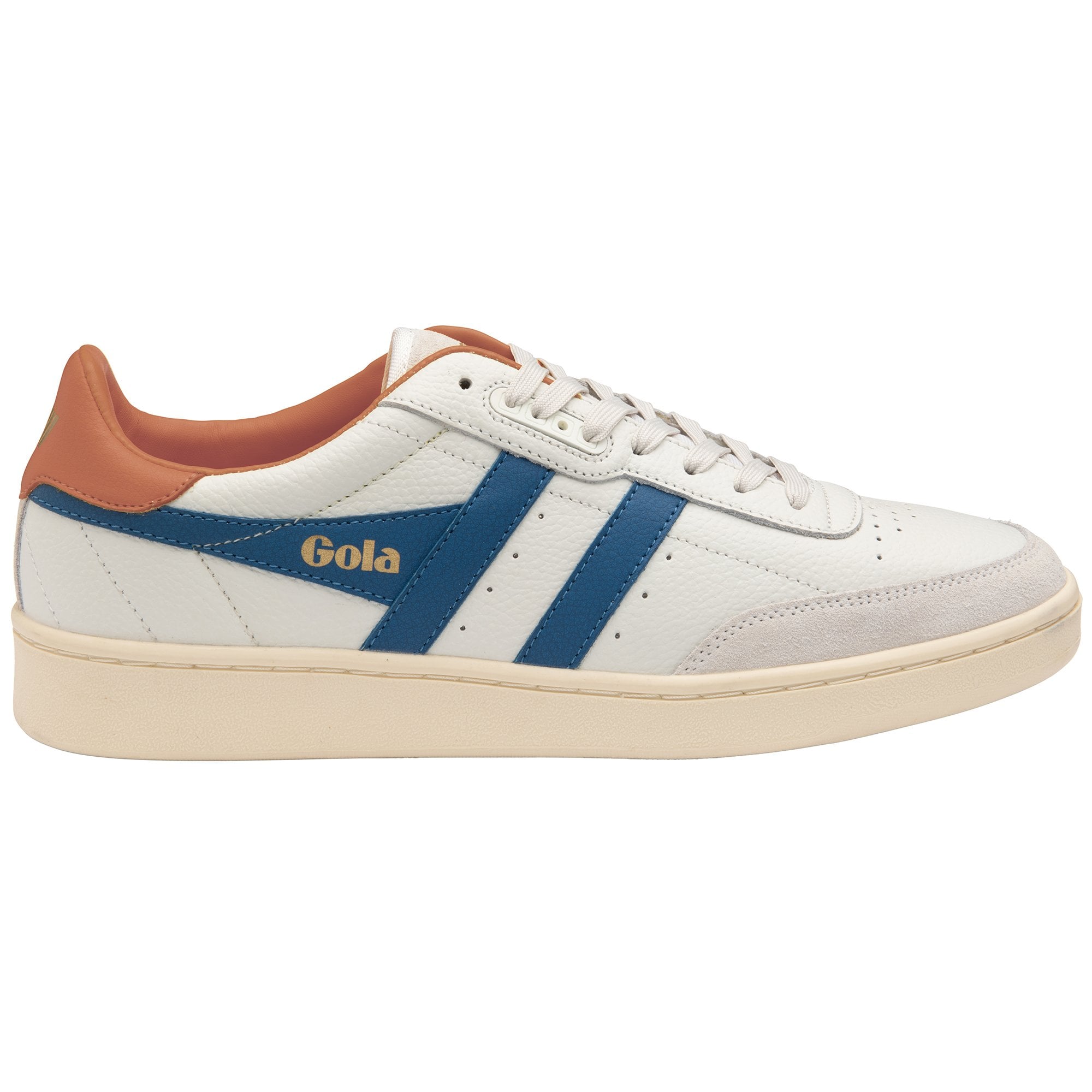 A single white trainer with blue stripes and a brown heel, viewed from the side.