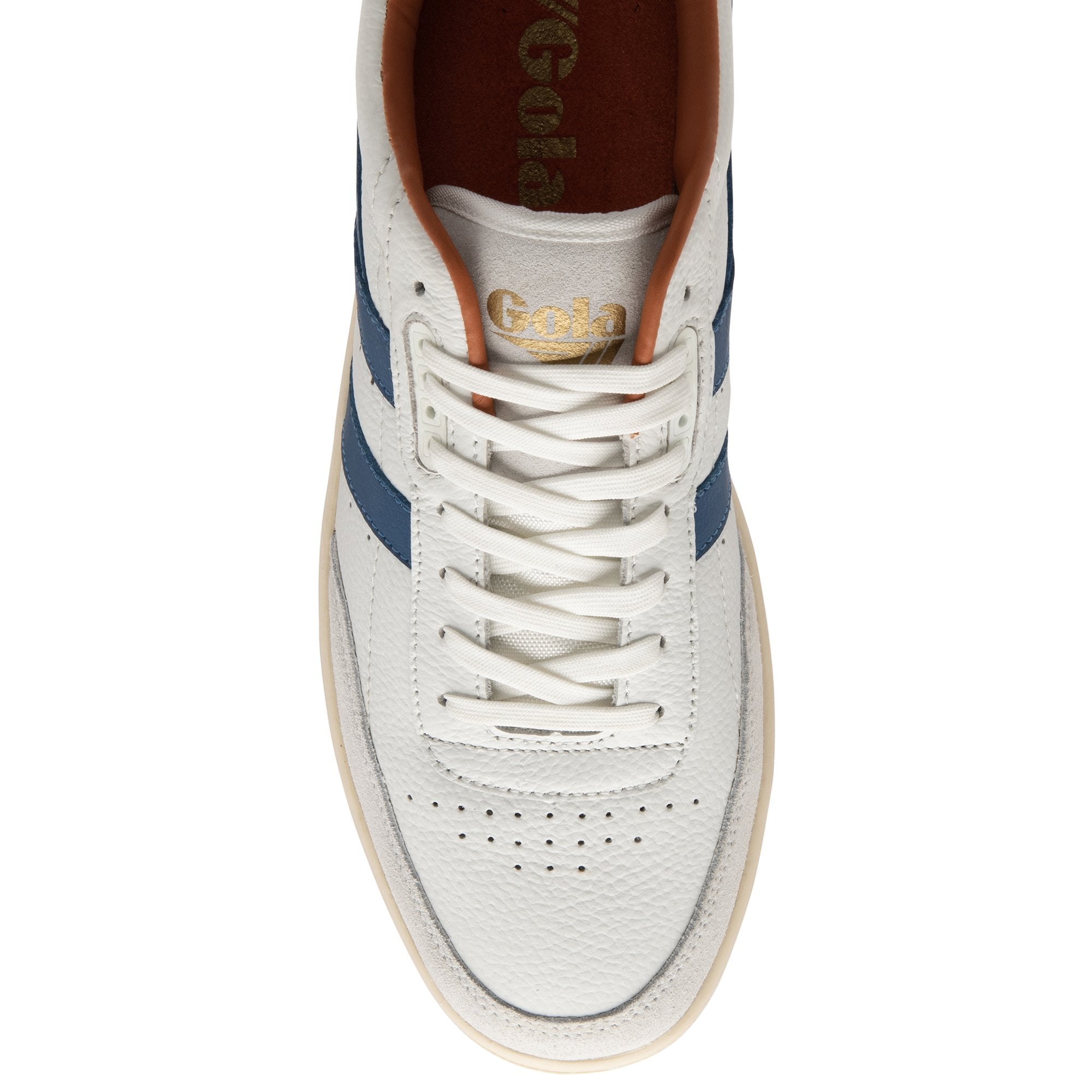 The top-down view of a single white trainer with blue stripes and white laces.