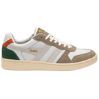 Side profile of a single Gola men's sneaker in white, taupe, green, and orange.