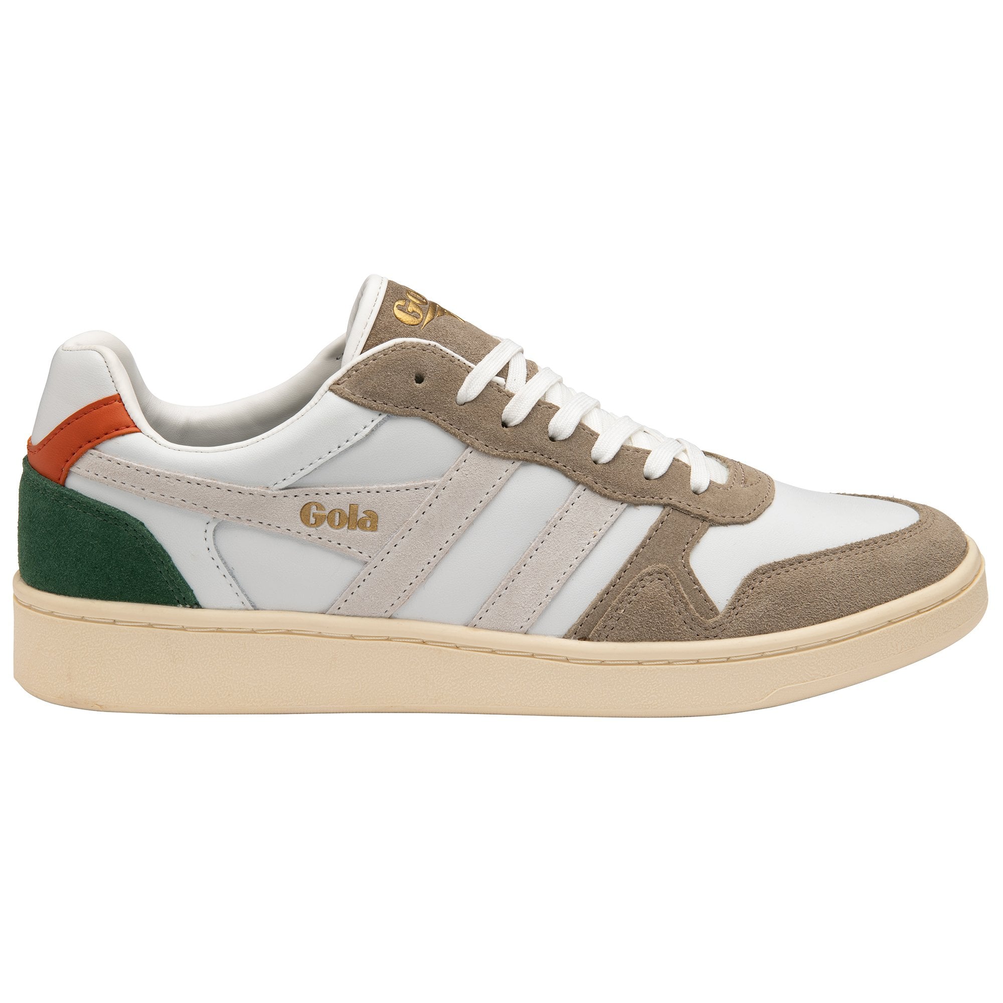 Side profile of a single Gola men's sneaker in white, taupe, green, and orange.