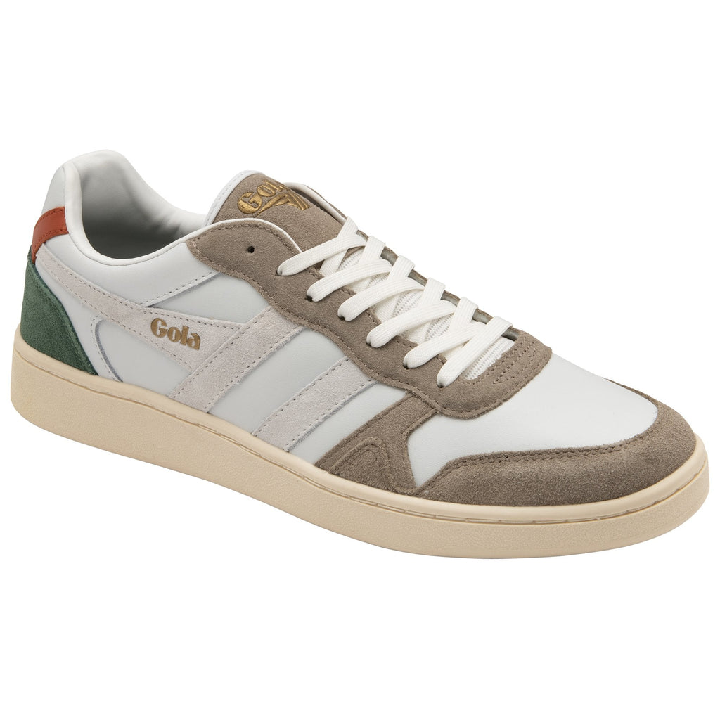 Side view of a single Gola men's sneaker in white, taupe, green, and orange.