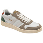 Side view of a single Gola men's sneaker in white, taupe, green, and orange.