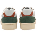 Rear view of a pair of Gola men's sneakers in white, taupe, green, and orange.