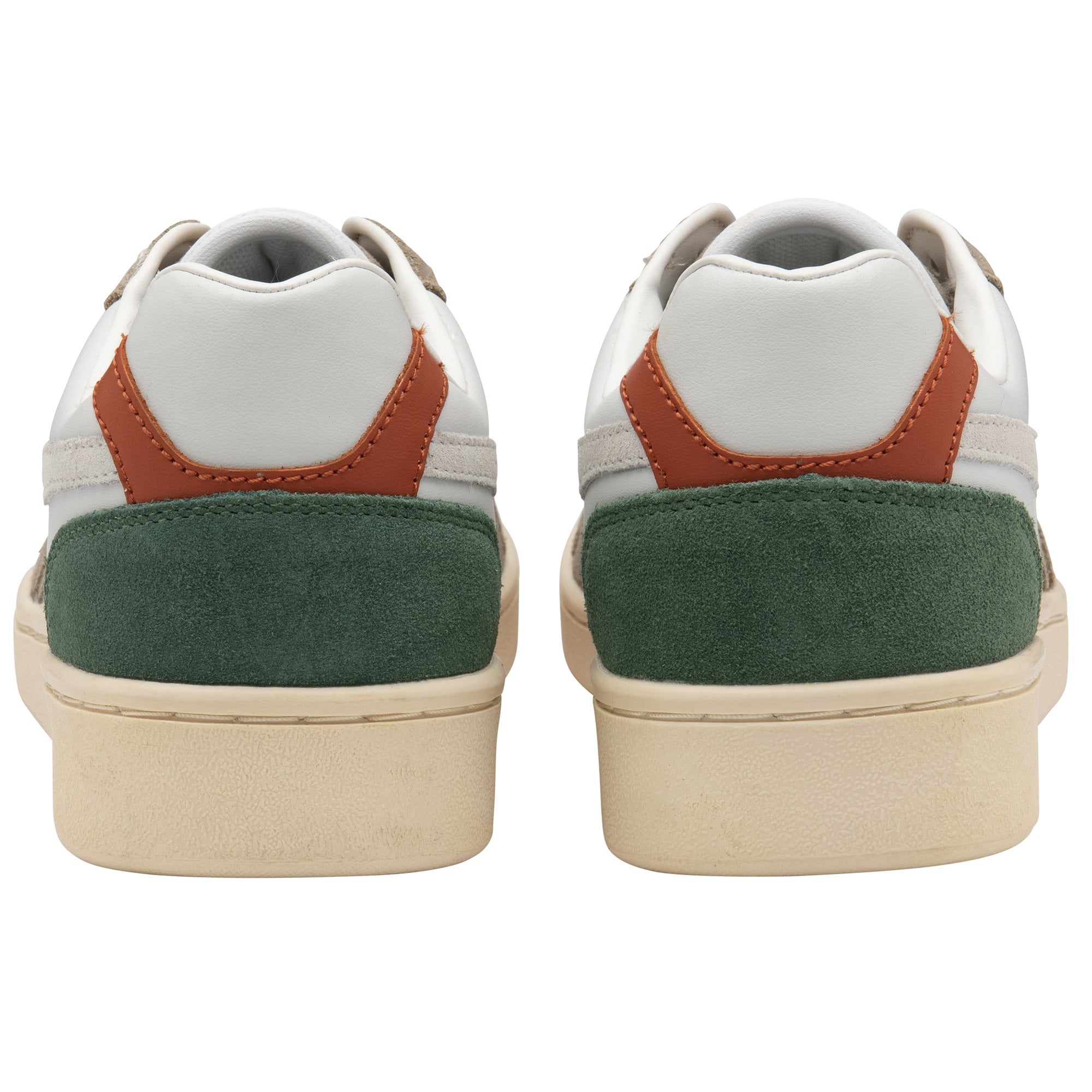 Rear view of a pair of Gola men's sneakers in white, taupe, green, and orange.