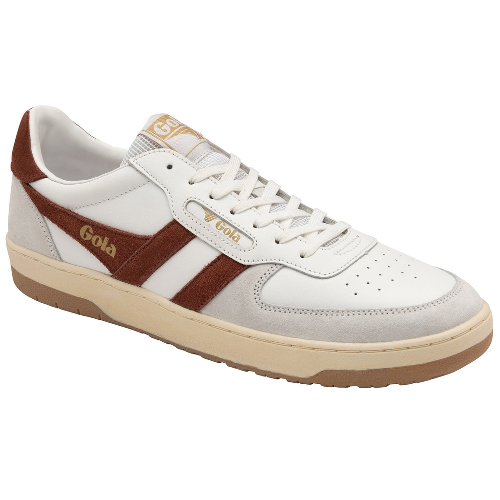 A single white and brown Gola men's trainer, angled side view.