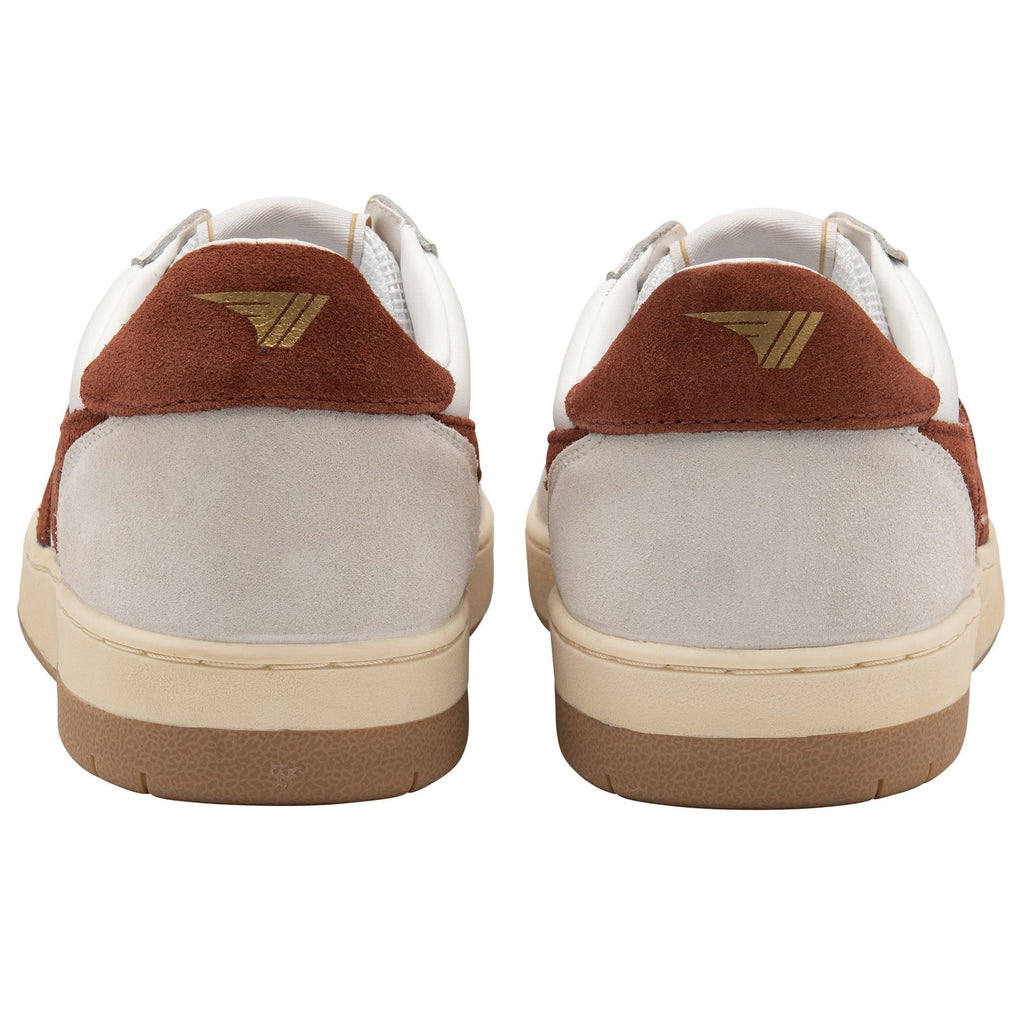 A pair of white and brown Gola men's trainers, rear view.