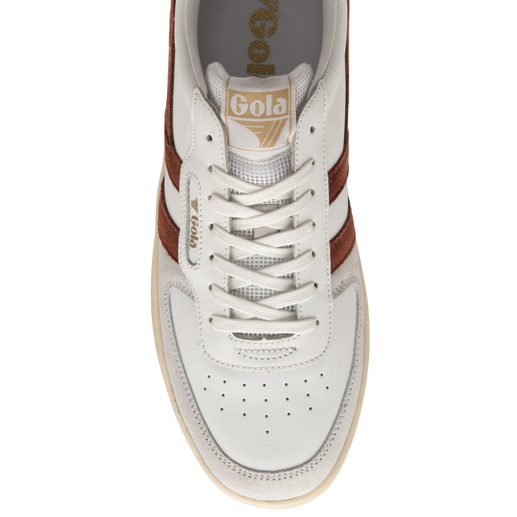 A single white and brown Gola men's trainer, top-down view.