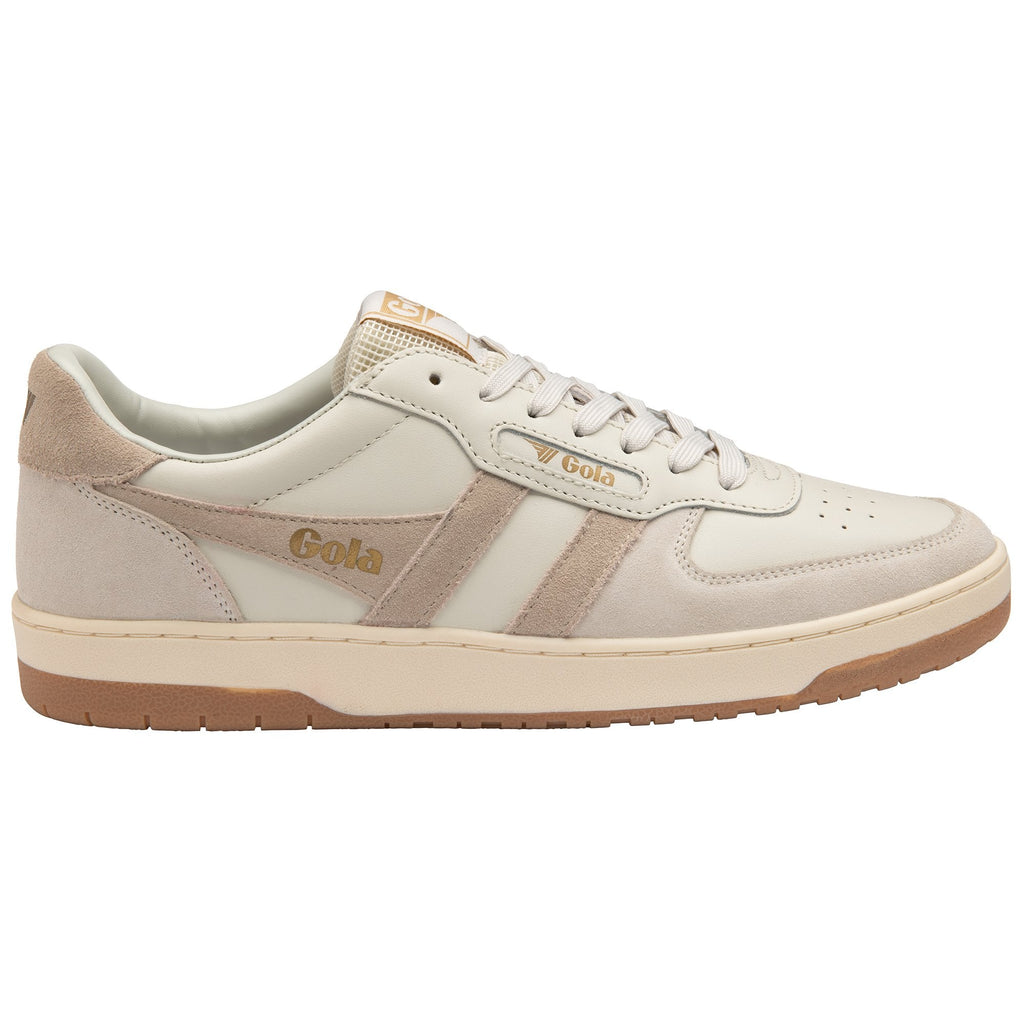Right side view of a Gola men's sneaker, with a cream upper and light brown accents.