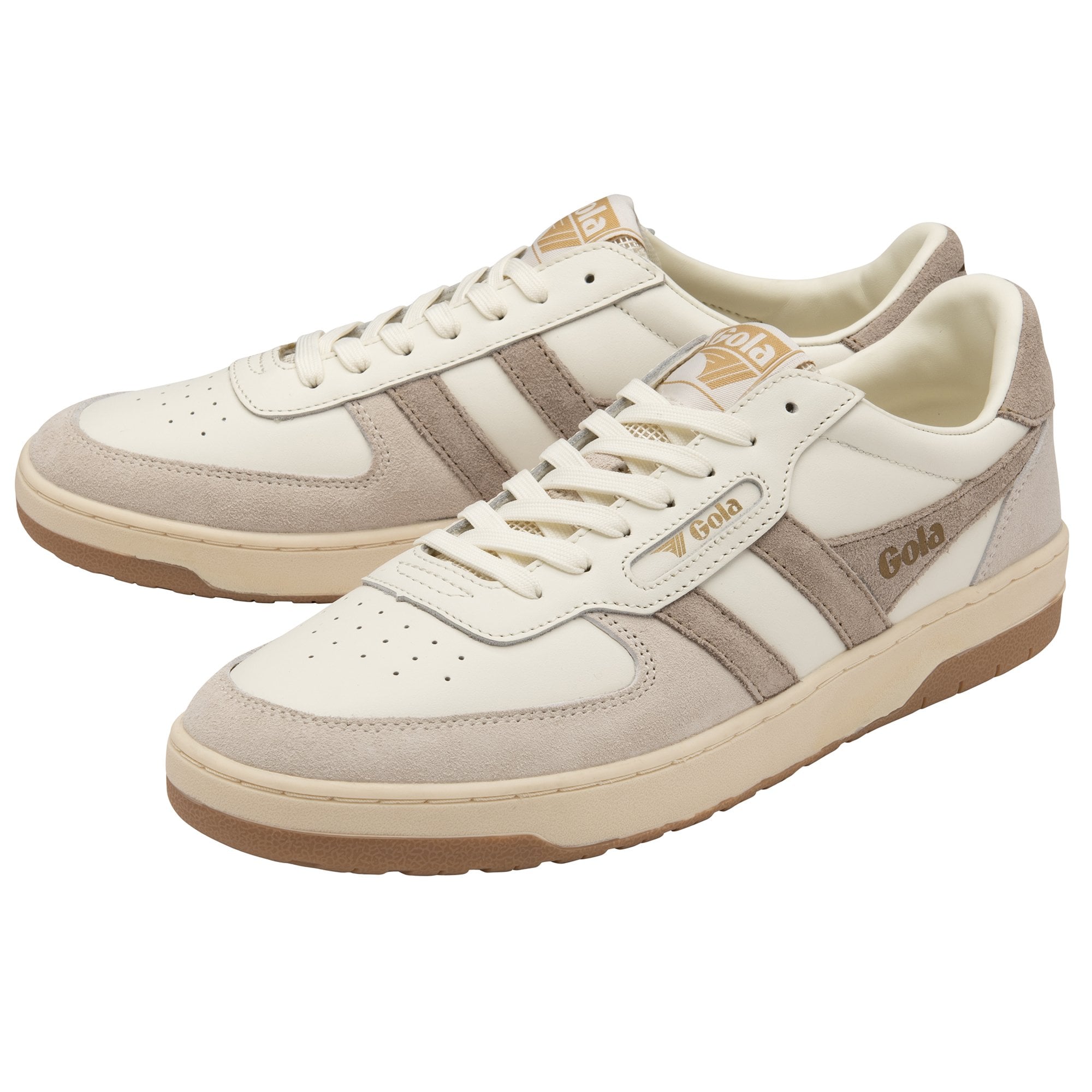 Pair of Gola men's sneakers, cream with light brown accents, angled from the front.
