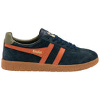 Side profile of a Gola shoe. It is navy blue with two orange stripes and a brown sole.
