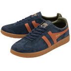 Angled pair of Gola shoes. They are navy blue with two orange stripes and brown soles.
