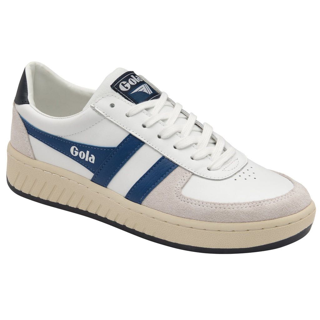 A left white and blue Gola sneaker is shown from a side view.