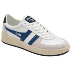 A left white and blue Gola sneaker is shown from a side view.