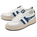 Two white and blue Gola sneakers are shown from an angled side view.