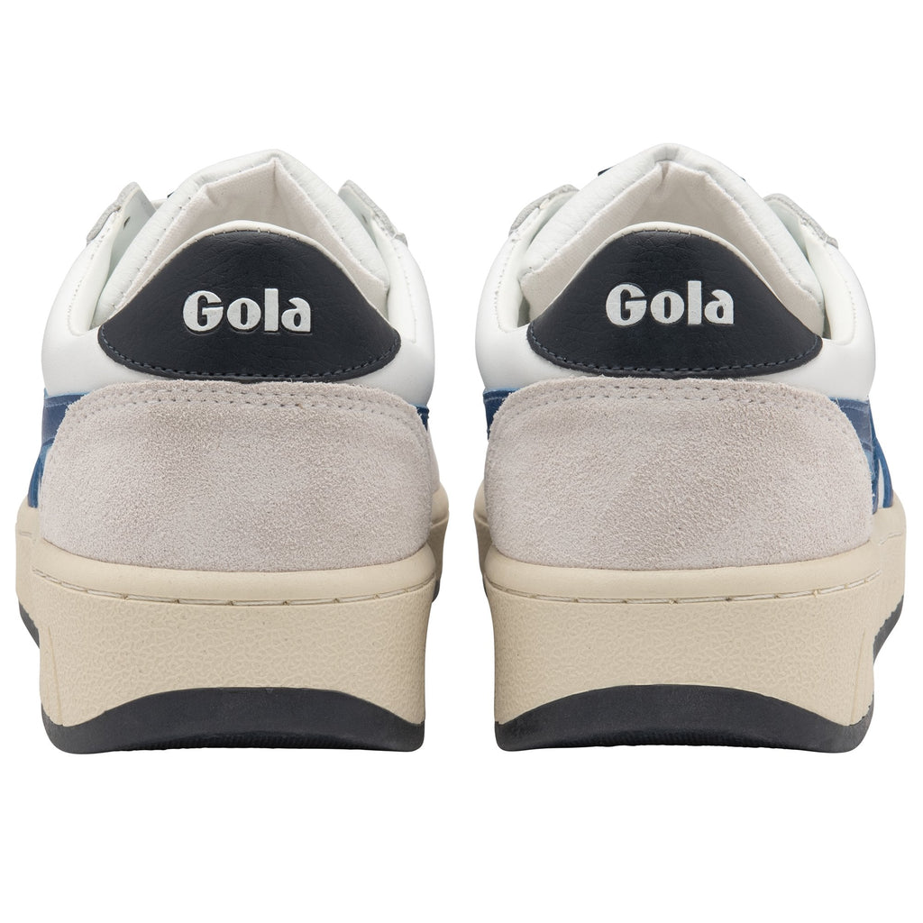 The back of two white and blue Gola sneakers, showing the logo on the heel.