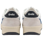 The back of two white and blue Gola sneakers, showing the logo on the heel.
