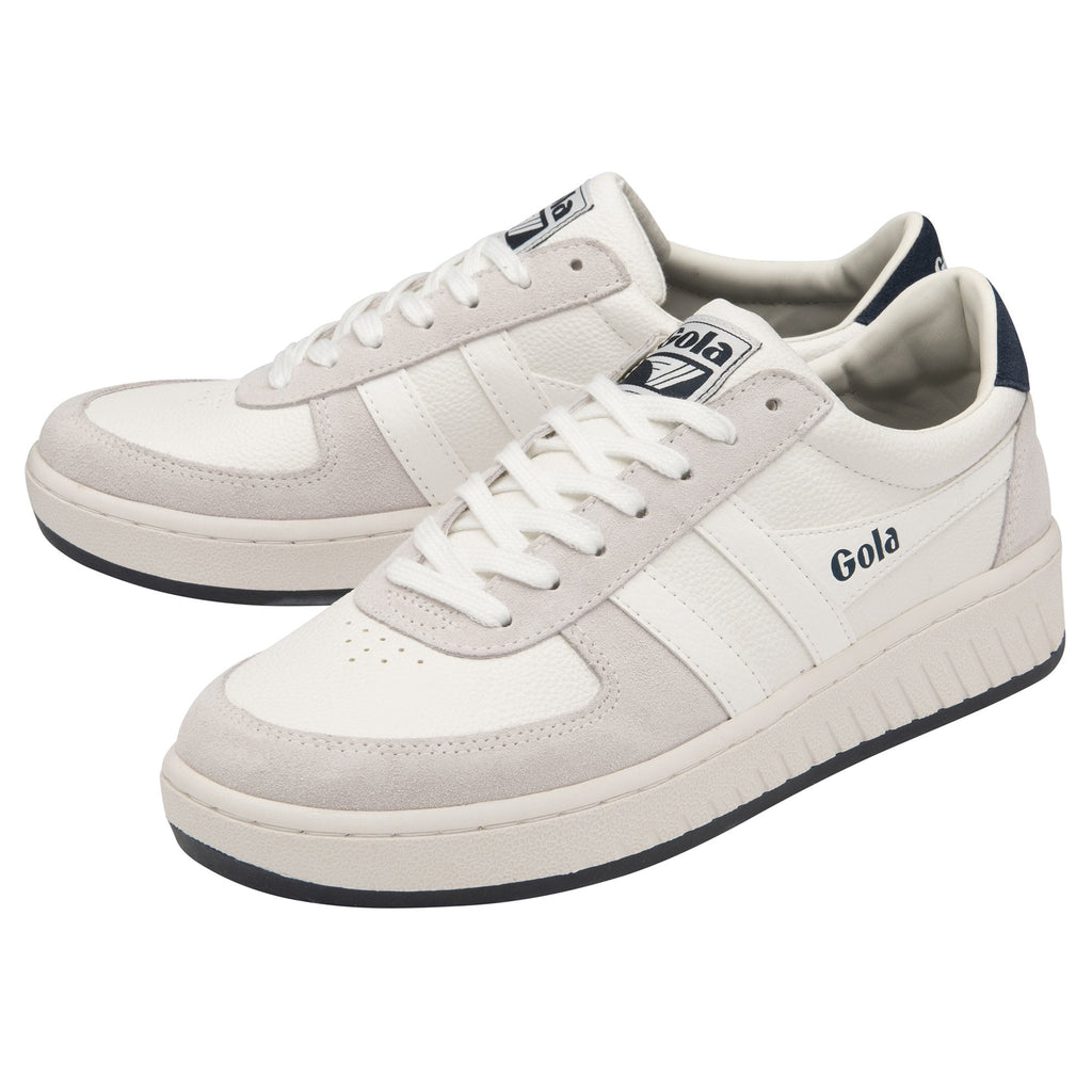 A pair of white Gola sneakers with blue accents, displayed on a white background.