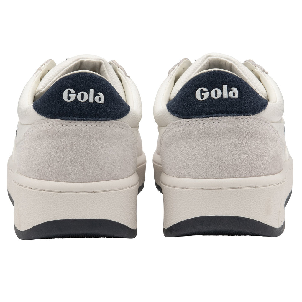 Rear view of a pair of white Gola sneakers with blue branding on the heels.