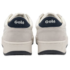 Rear view of a pair of white Gola sneakers with blue branding on the heels.