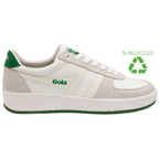 Side view of a white Gola sneaker with green accents, highlighting its recycled material.