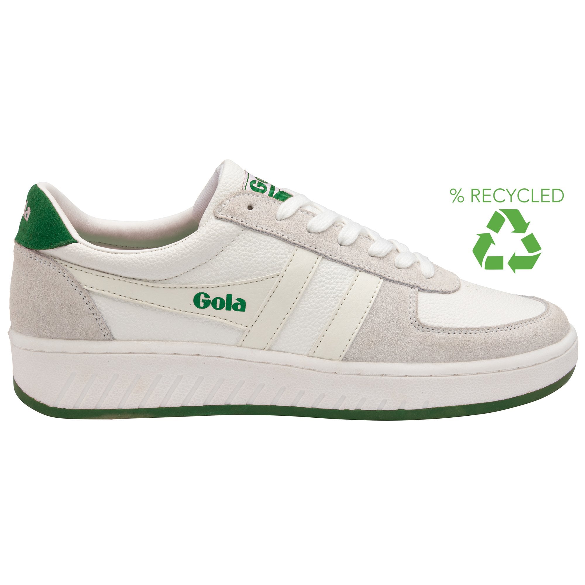 Side view of a white Gola sneaker with green accents, highlighting its recycled material.