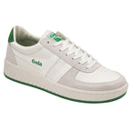 Angled side view of a white Gola sneaker with green trim and Gola logo.