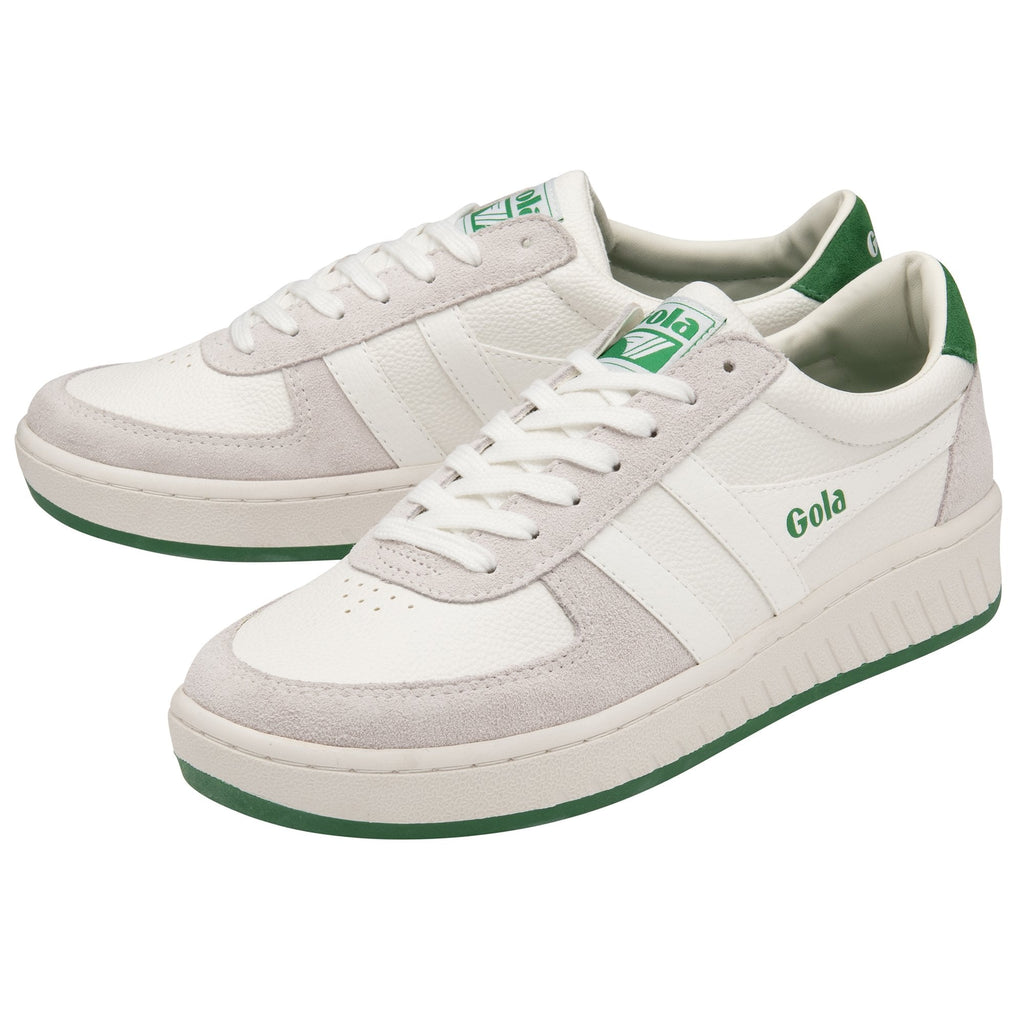 Pair of white Gola sneakers with green accents, displayed together.