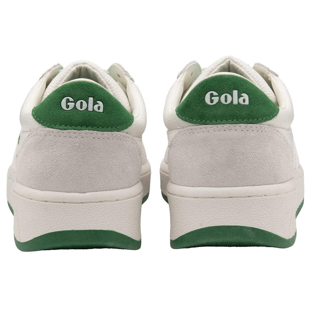 Rear view of two white Gola sneakers, showing green heel tabs with Gola branding.
