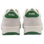 Rear view of two white Gola sneakers, showing green heel tabs with Gola branding.