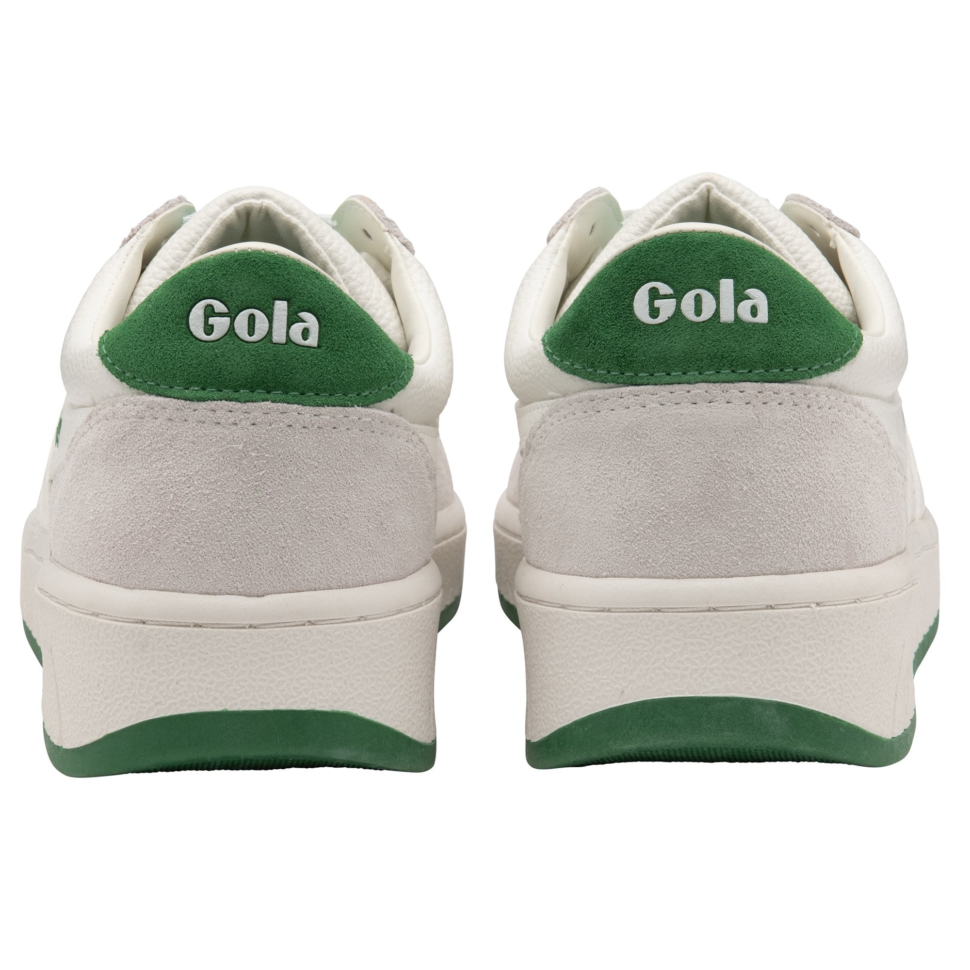 Rear view of two white Gola sneakers, showing green heel tabs with Gola branding.