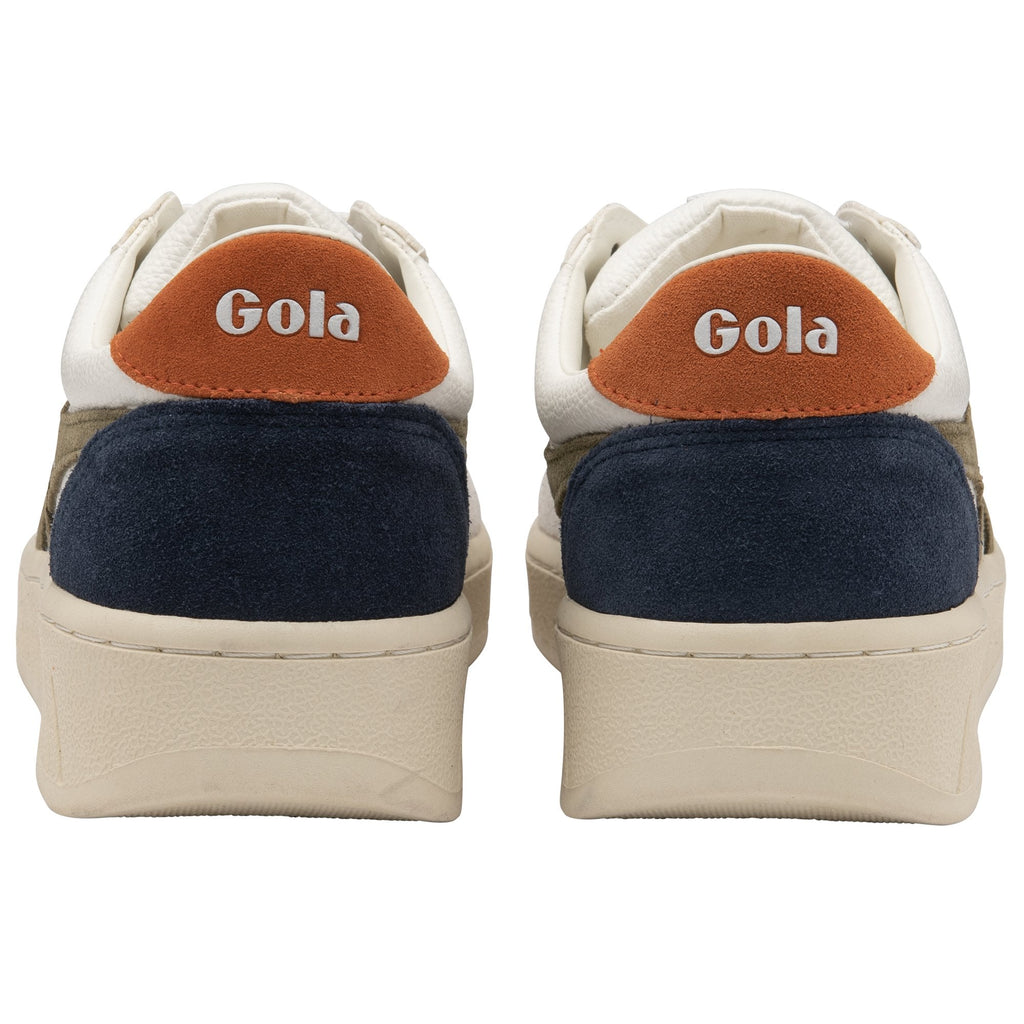 The back of two Gola Orchid Platform women's white, dark green, and light blue shoes.