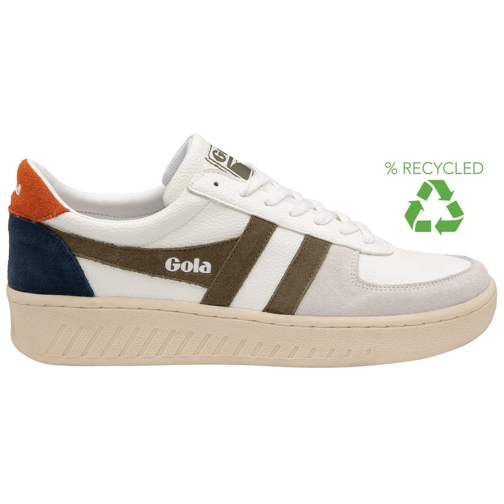A Gola Orchid Platform women's white, dark green, and light blue shoe with a recycle symbol.
