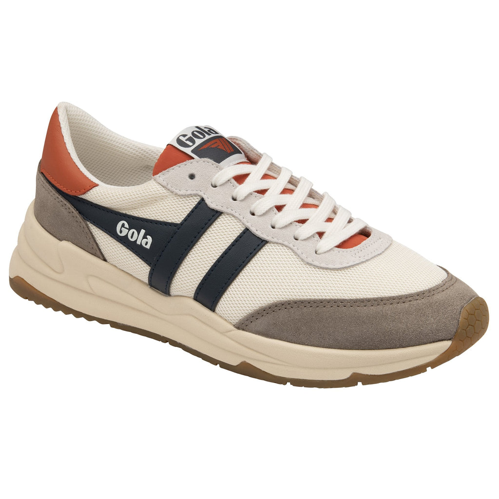 A single Gola women's trainer, off-white with navy stripes, and orange accents.