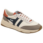 A single Gola women's trainer, off-white with navy stripes, and orange accents.