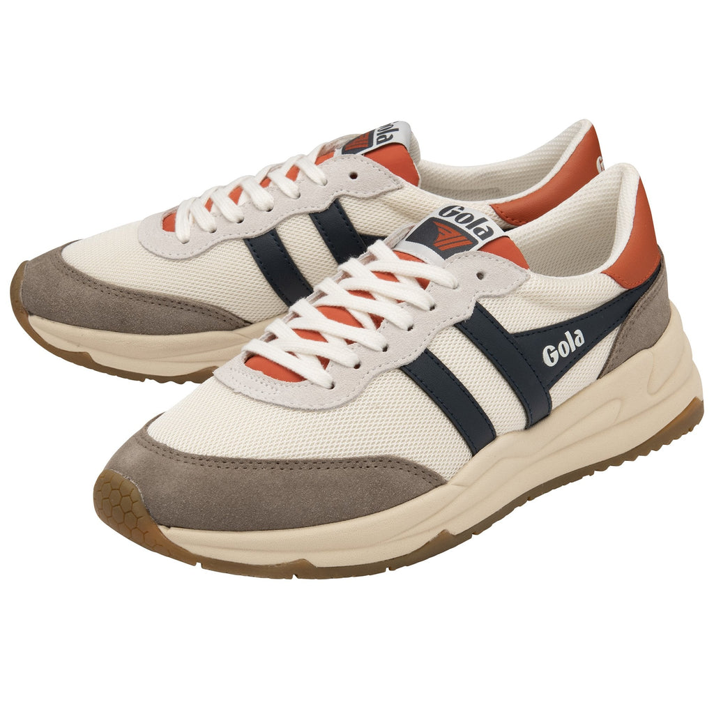 A pair of Gola women's sneakers, off-white with navy stripes, and orange accents.