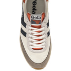Top-down view of a single Gola women's sneaker, off-white with navy stripes and orange.