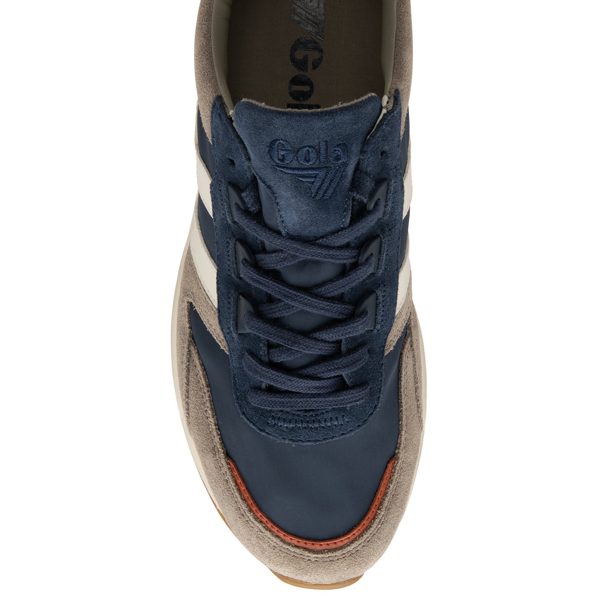 Top-down view of a single Gola men's sneaker in navy and grey.