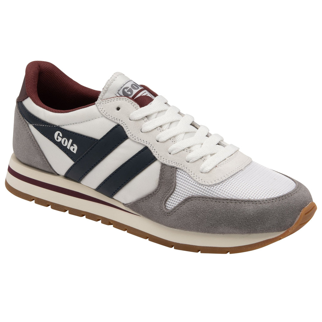 A single Gola Hurricane trainer in white with grey suede details and navy blue stripes.