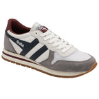 A single Gola Hurricane trainer in white with grey suede details and navy blue stripes.