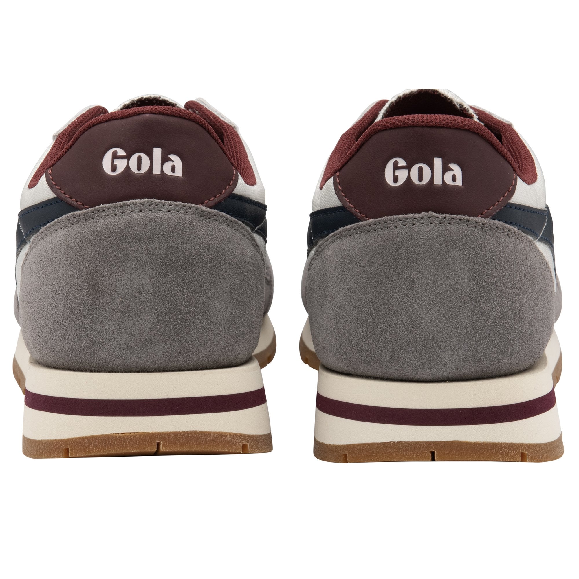 The rear view of a pair of Gola Hurricane trainers in white, grey, and navy.
