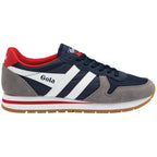 Gola men's trainer in navy, grey, and red with white stripes and brown sole