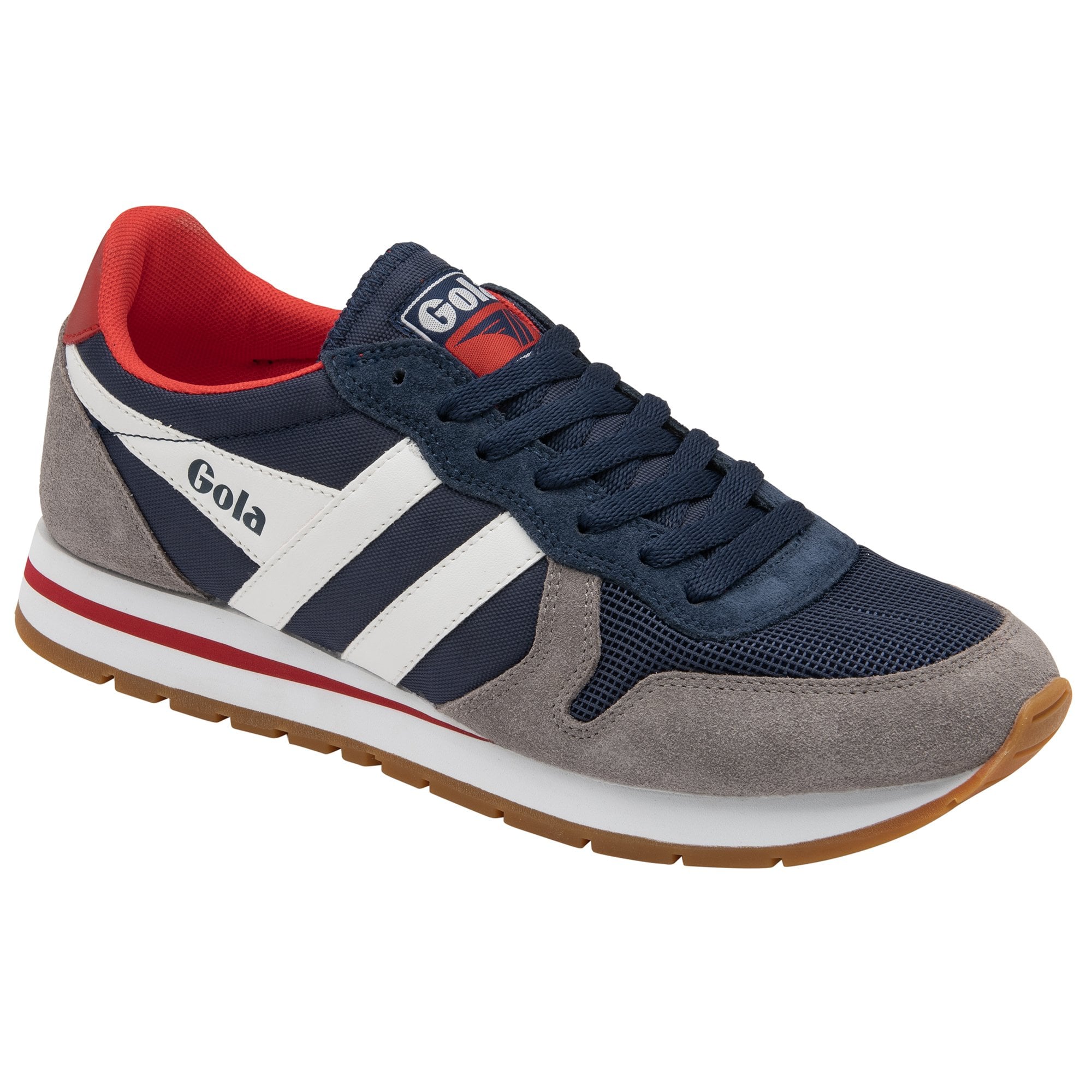 A single Gola men's sneaker in navy, grey, red, and white from a 3/4 view.