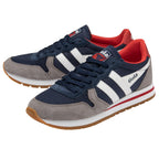 A pair of Gola men's sneakers in navy, grey, red, and white.