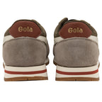 The back of two Gola men's sneakers, highlighting the olive, taupe, and off-white colors.