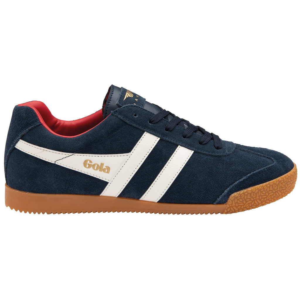 A single Gola Trainer in navy blue suede with white stripes, red lining, and a gum sole.