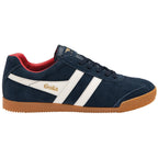 A single Gola Trainer in navy blue suede with white stripes, red lining, and a gum sole.