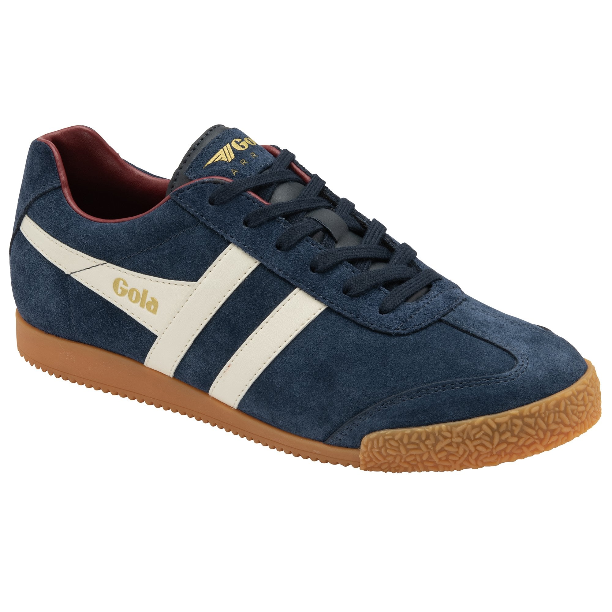 A single navy blue Gola trainer with white stripes on a white background.