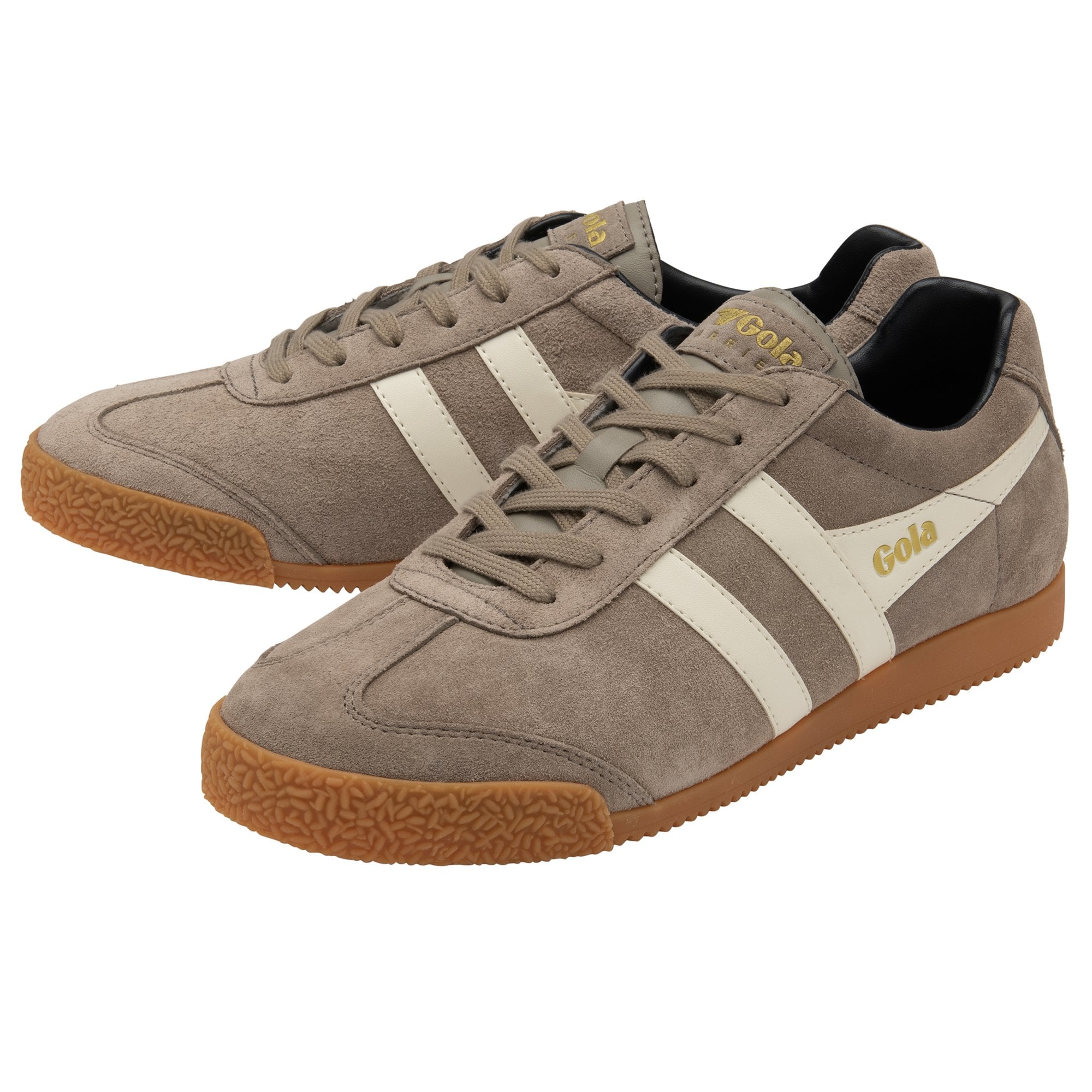A pair of light brown men's Gola sneakers, angled towards the right side of the image.